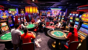 Exciting casino atmosphere at KJC AC with roulette, poker, and slot machines.