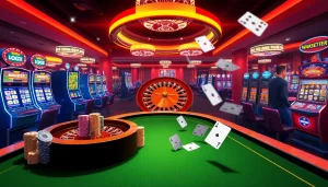 KJC AC casino scene with poker chips, roulette wheel, and players at slot machines.