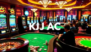 An exciting KJC AC casino scene showcasing poker tables and slot machines filled with eager players.