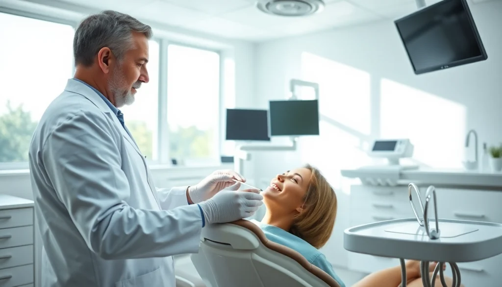 Dentist examining a patient in a modern clinic setting with bright colors and inviting atmosphere.