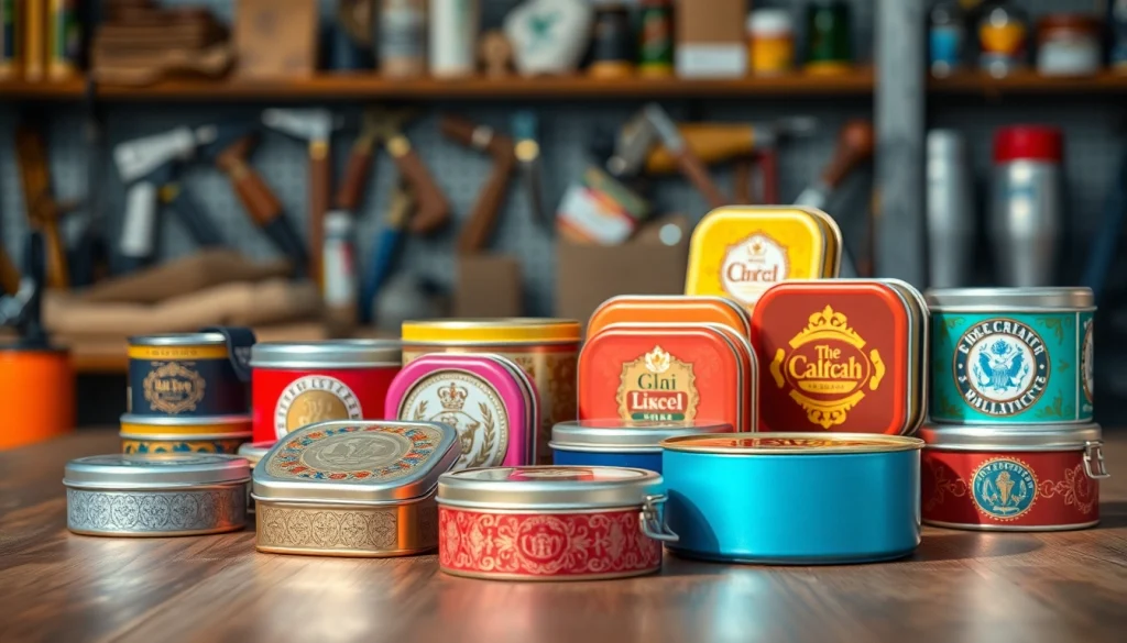 Showcase of custom tins with vibrant designs and shiny finishes on a rustic table.