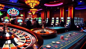 Casino games at KJC AC featuring roulette wheel, poker chips, and vibrant slot machines