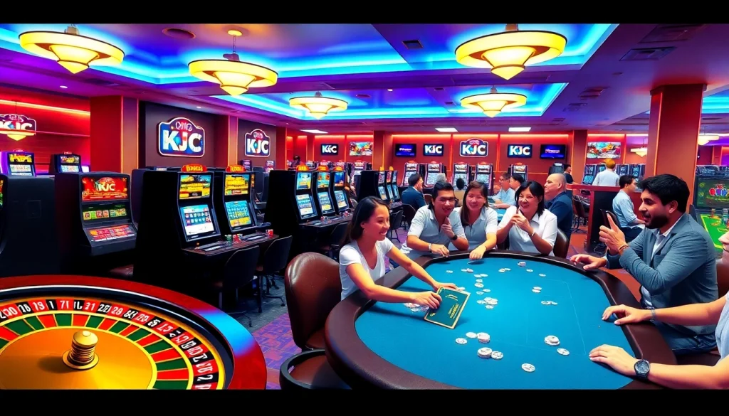 Exciting casino atmosphere with KJC AC branding at roulette and poker tables.