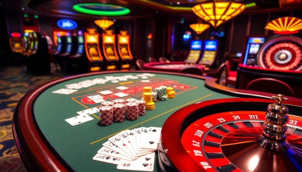 KJC AC casino scene featuring poker chips, roulette wheel, and exciting games.