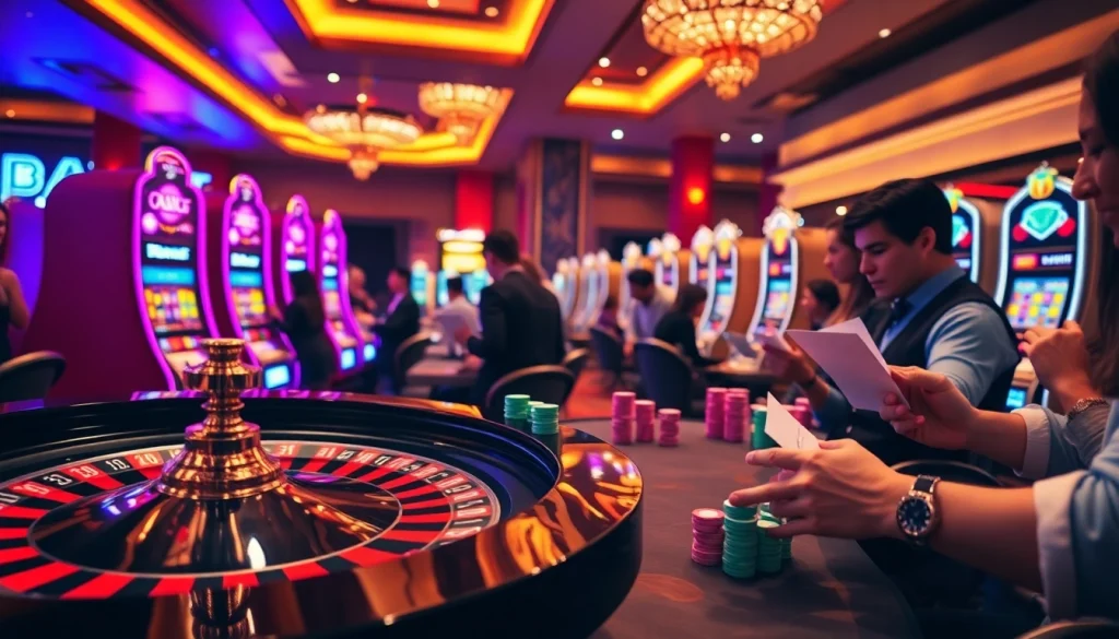 Experience the thrill of gaming at Hi88 red with vibrant slot machines, roulette, and lively players in action.