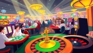 KJC AC casino scene with players at tables, poker chips, and slot machines.