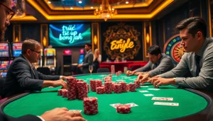Watch intense poker action where trực tiếp bóng đá gambling strategies come alive, showcasing colorful chips and focused players.