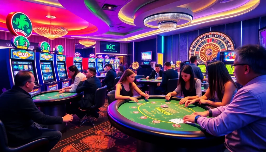Dynamic casino atmosphere showcasing KJC AC's exciting gaming experience with tables, chips, and slot machines.