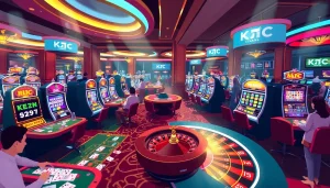 Exciting casino activities at KJC AC with tables, cards, and slot machines.