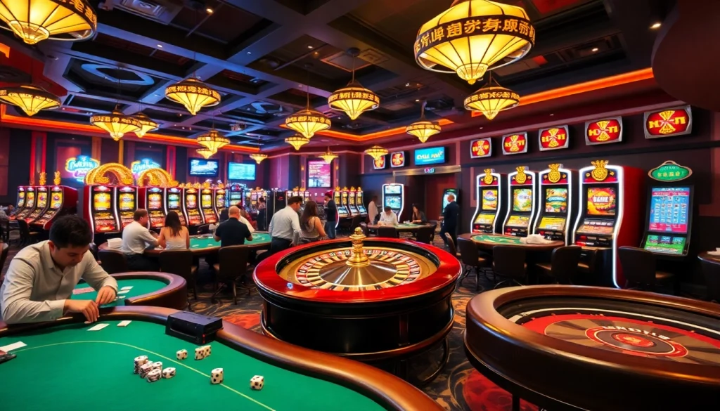 A lively casino scene showcasing KJC AC's vibrant gambling atmosphere with poker tables, roulette wheels, and slot machines.