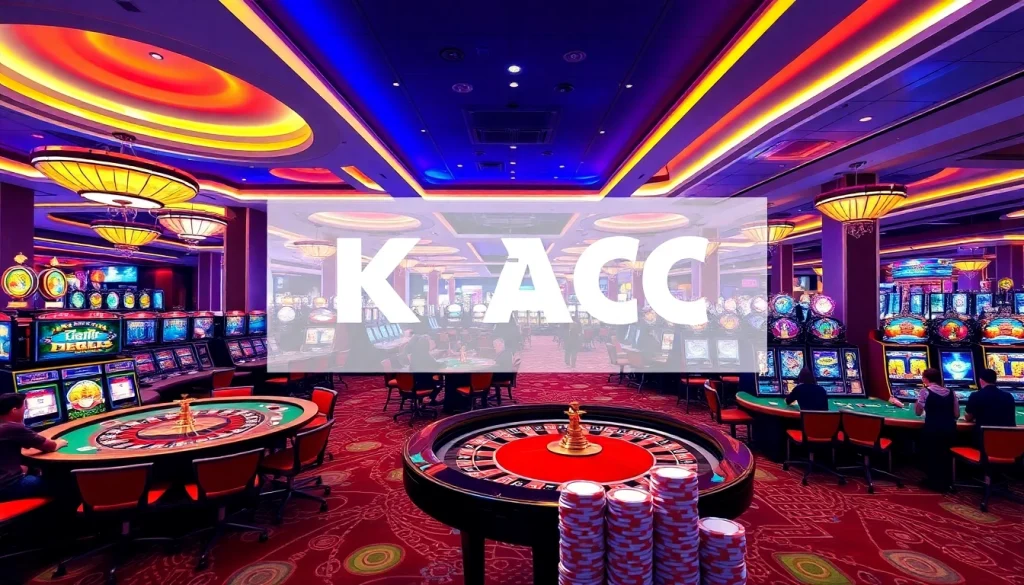 Exciting gaming atmosphere at KJC AC casino with roulette, poker tables, and slot machines.