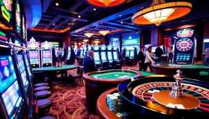 Exciting casino atmosphere at KJC AC featuring roulette and slot machines.