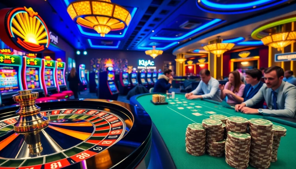 Exciting casino atmosphere at KJC AC with colorful slot machines and poker tables.