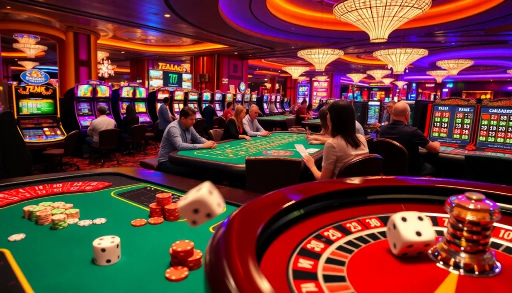 A vibrant casino scene showcasing KJC AC with players at tables, slot machines, and poker chips.