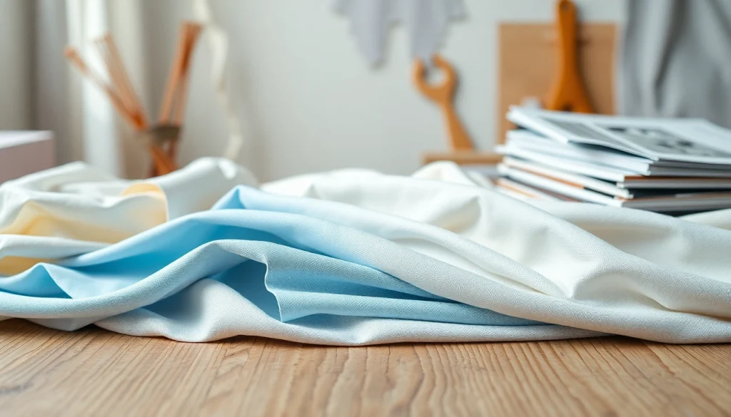 Katoen stof in verschillende kleuren en texturen op een houten tafel.