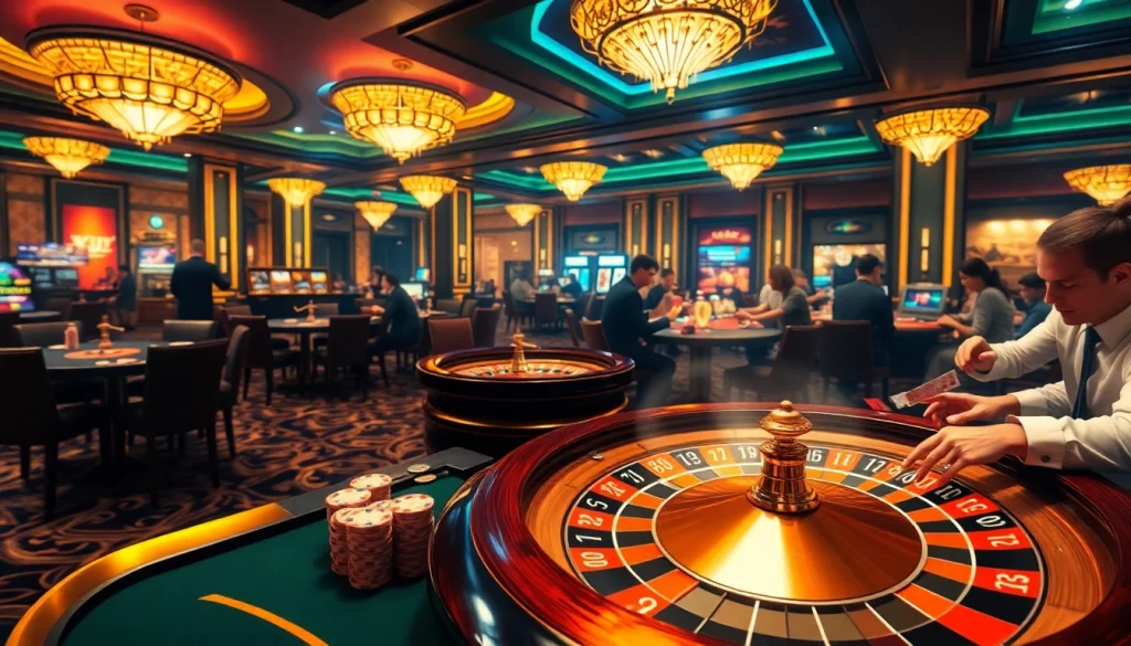 KJC AC casino vibrant scene with poker tables and roulette wheel