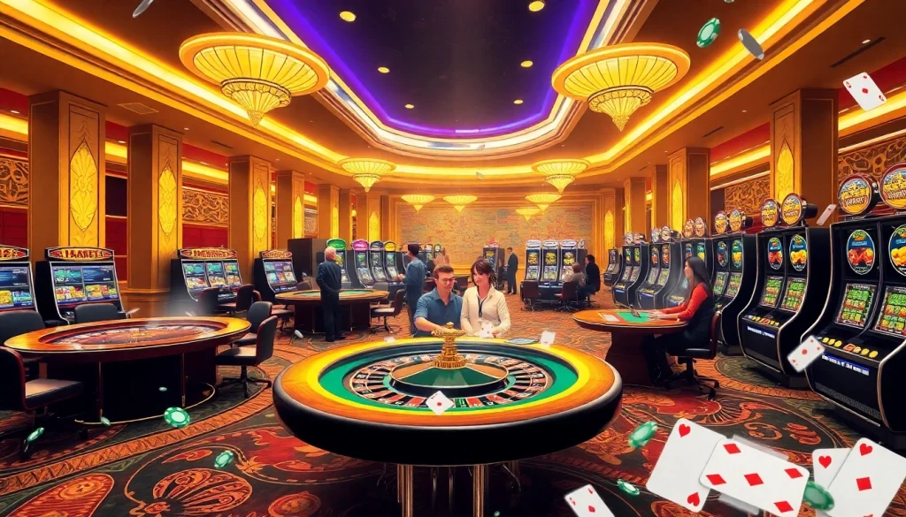 A lively casino scene at KJC AC featuring roulette wheels, slot machines, and poker tables.