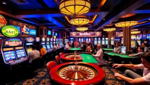 A lively casino atmosphere at KJC AC featuring poker tables, slot machines, and enthusiastic players to capture the essence of gambling.