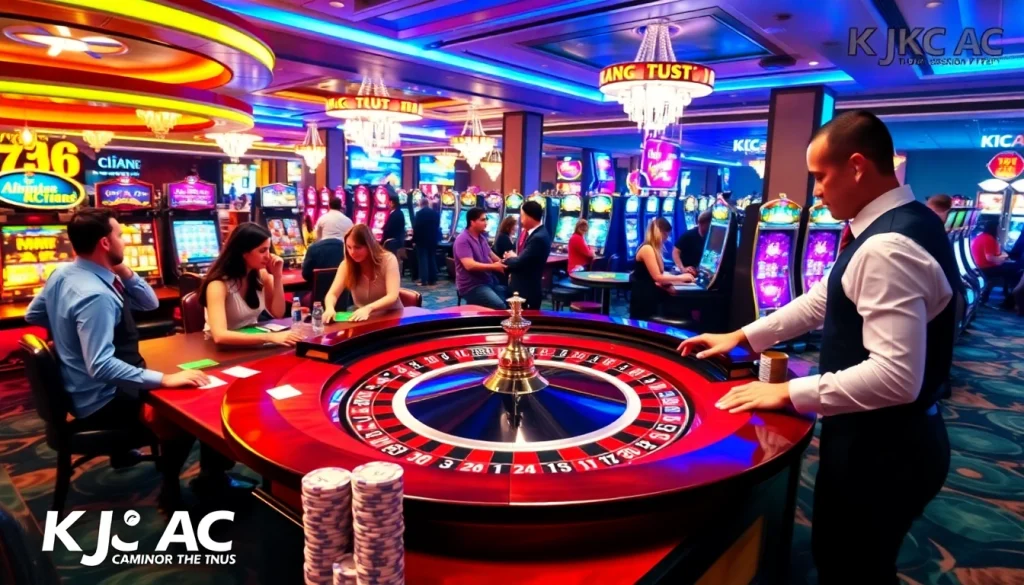 KJC AC casino scene with roulette, poker table, and slot machines showing excitement.