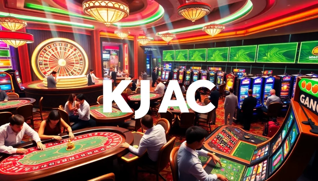 KJC AC casino environment showcasing players enjoying table games, slot machines, and roulette.
