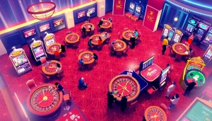 A lively casino scene at KJC AC with players at roulette and poker tables, showcasing thrilling gambling experiences.
