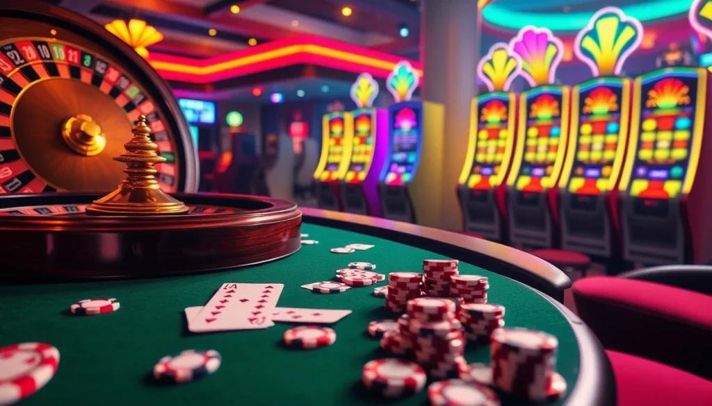 A lively casino image showcasing the KJC AC experience with roulette, cards, and slot machines.