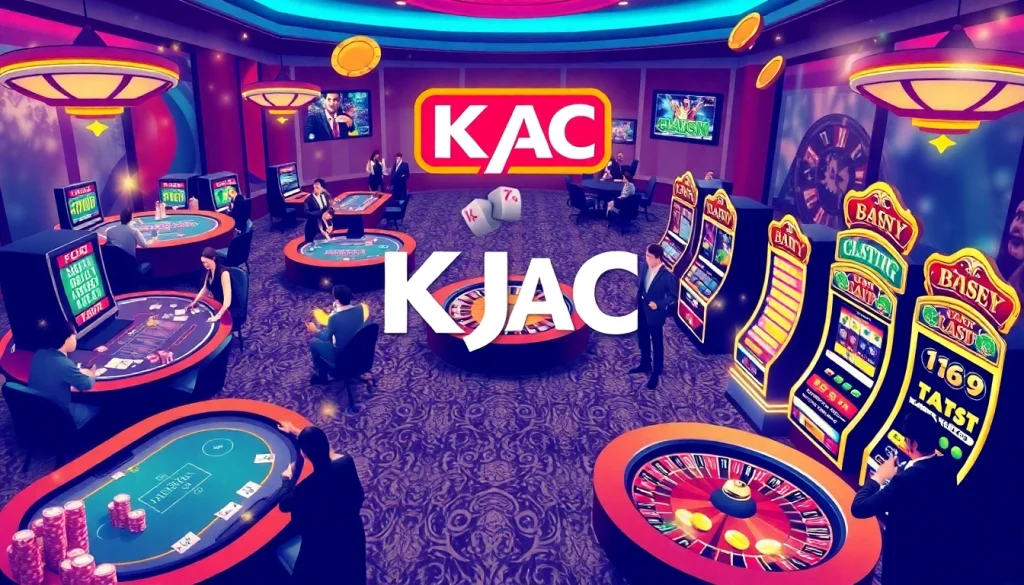KJC AC vibrant casino scene with players at tables and slot machines.