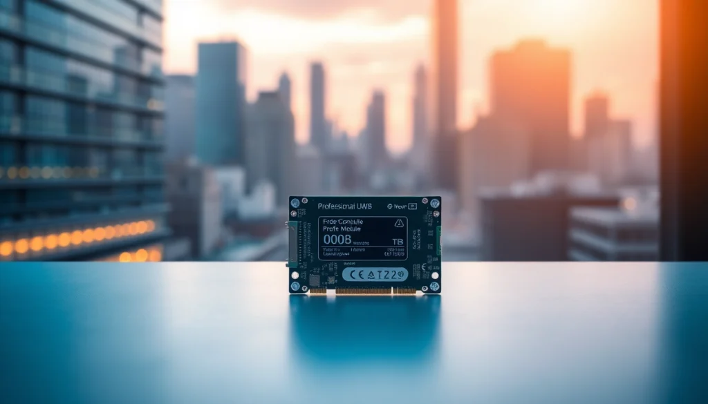 Showcase of a UWB module on a modern desktop blending innovative design with city skyline.