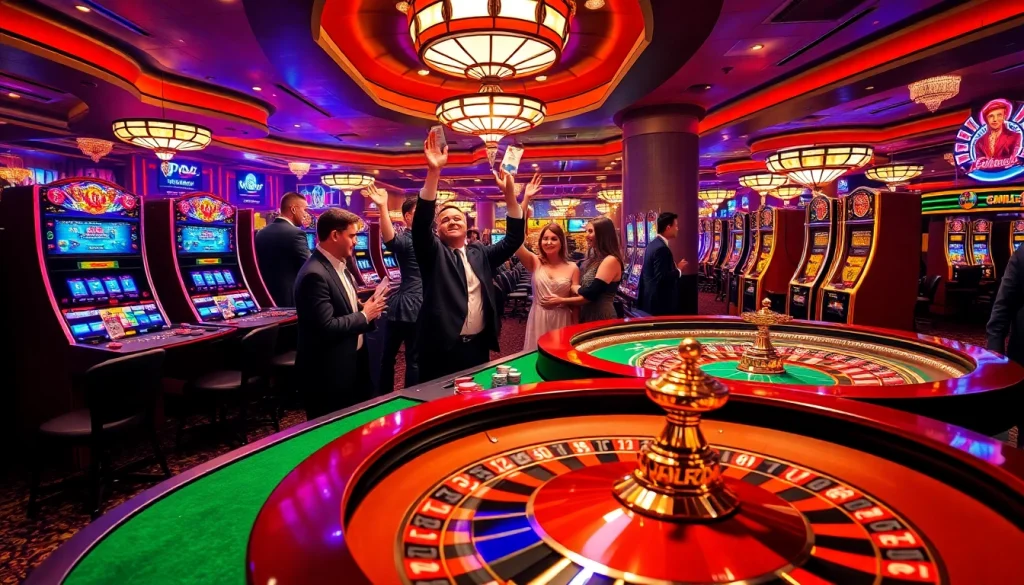 A lively casino atmosphere showcasing players at poker tables and enjoying slot machines, representing KJC AC's exciting gaming experience.