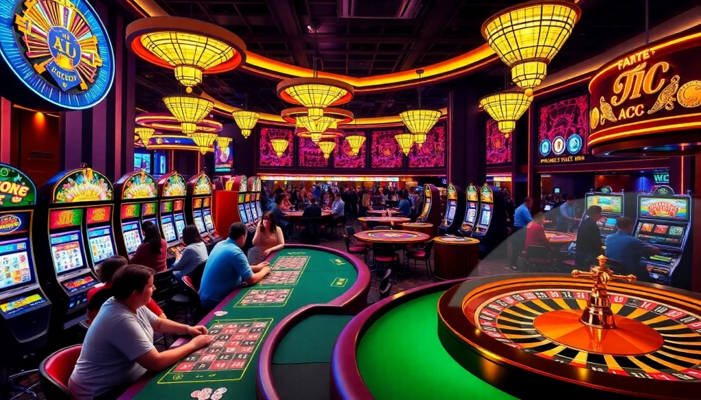 A lively casino scene at KJC AC showcasing poker tables and slot machines.