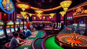 A lively casino scene at KJC AC showcasing poker tables and slot machines.