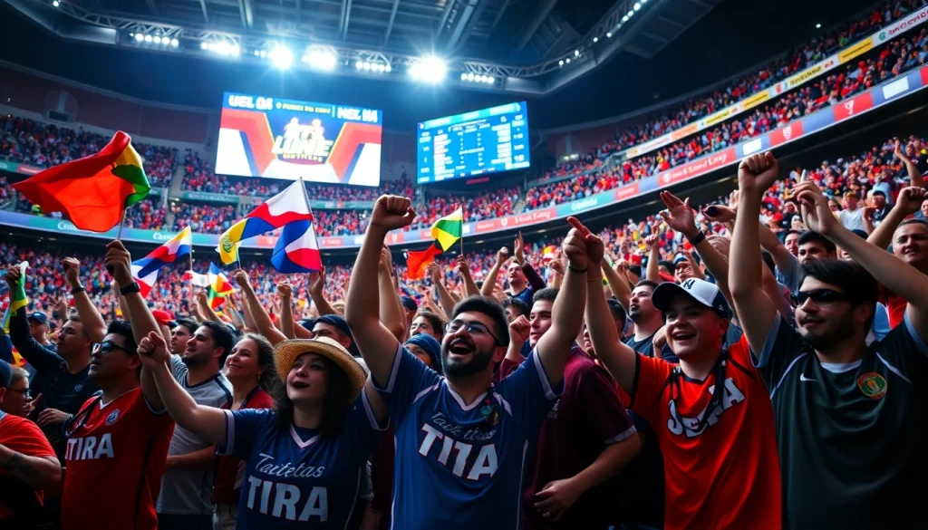 실시간스포츠중계 중인 열정적인 관중과 활기찬 경기장 모습