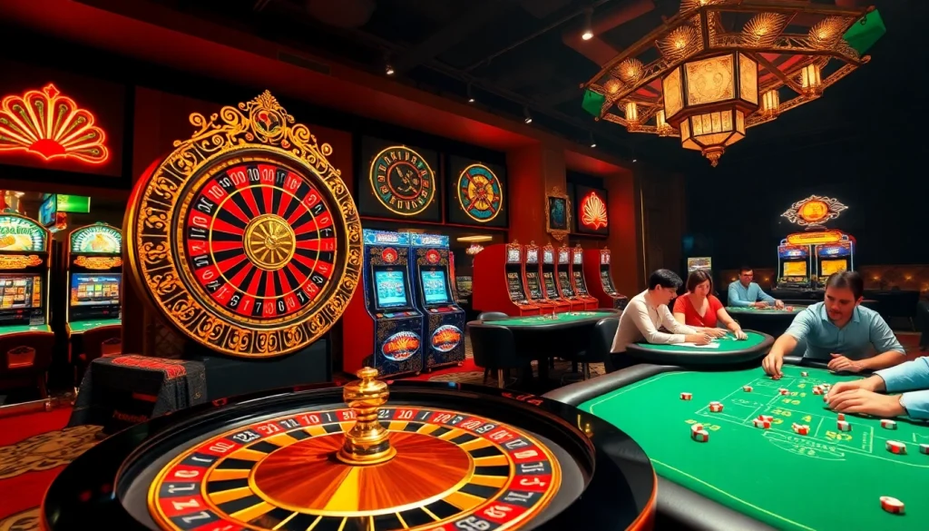 A bustling casino atmosphere with roulette wheel and slot machines, representing KJC AC's exciting gaming experiences.