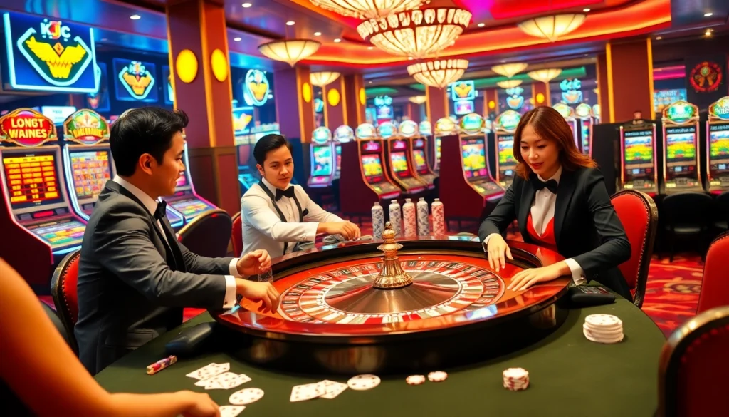 Casino scene at KJC AC showcasing roulette, cards, and players in action.