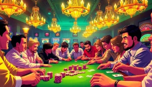 Okfun poker players strategizing over a vibrant table filled with colorful chips and cards.