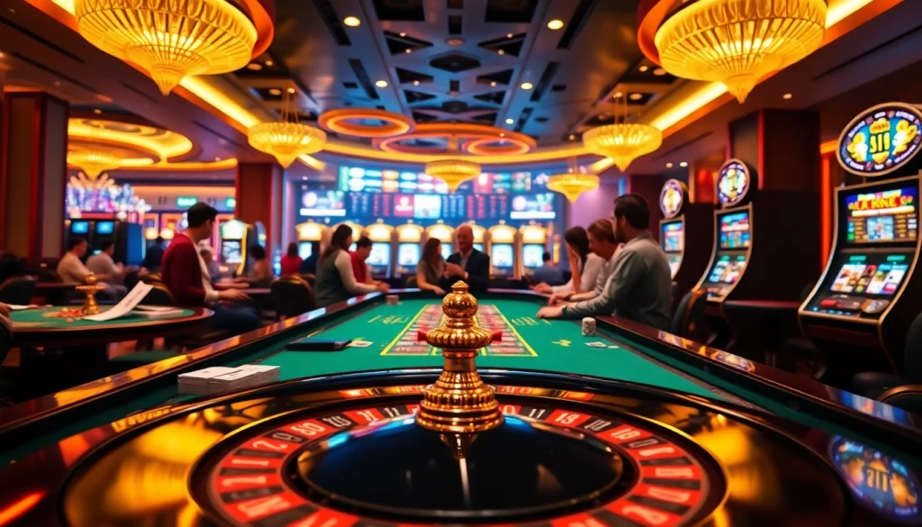 KJC AC casino scene showcasing players betting at a roulette table with vibrant lights and poker chips.