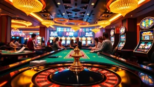 KJC AC casino scene showcasing players betting at a roulette table with vibrant lights and poker chips.