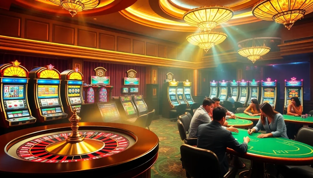 A captivating casino scene showcasing roulette, poker tables, and slot machines, emphasizing KJC AC's exciting gaming experience.