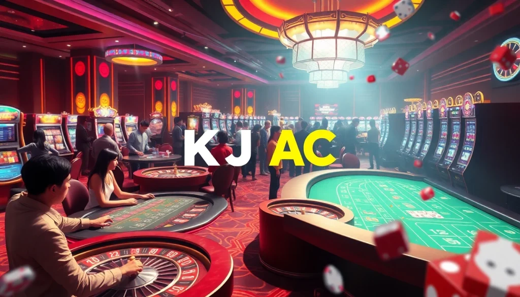 A captivating scene of a KJC AC casino with players at tables and slot machines.