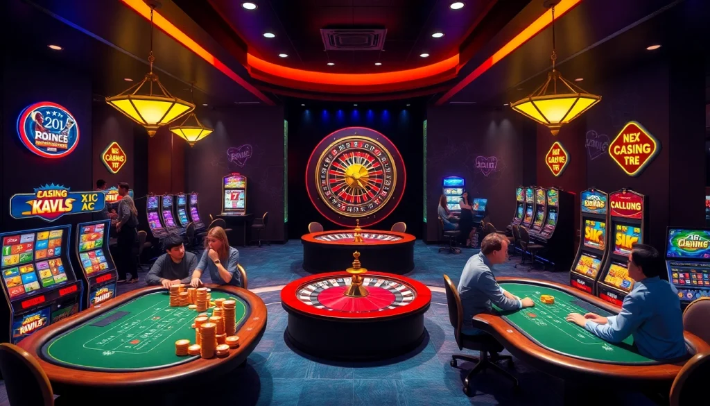 A bustling casino atmosphere at KJC AC with poker games, roulette, and slot machines showcasing excitement and entertainment.