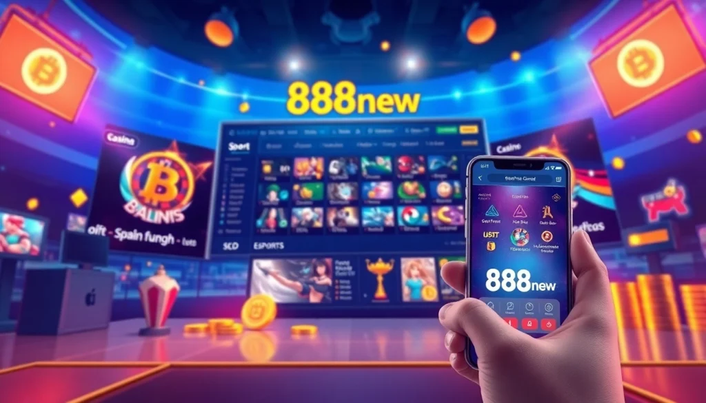 Experience the thrilling online gaming world of 888new with dynamic visuals of casino games and sports betting interfaces.