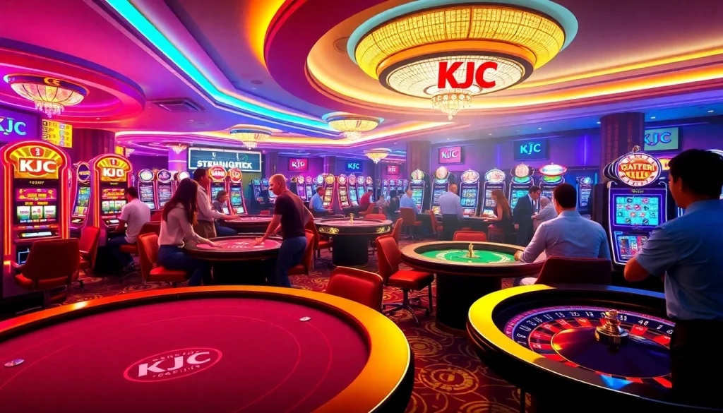 A lively casino scene featuring KJC AC with players at tables, slot machines, and roulette wheels.