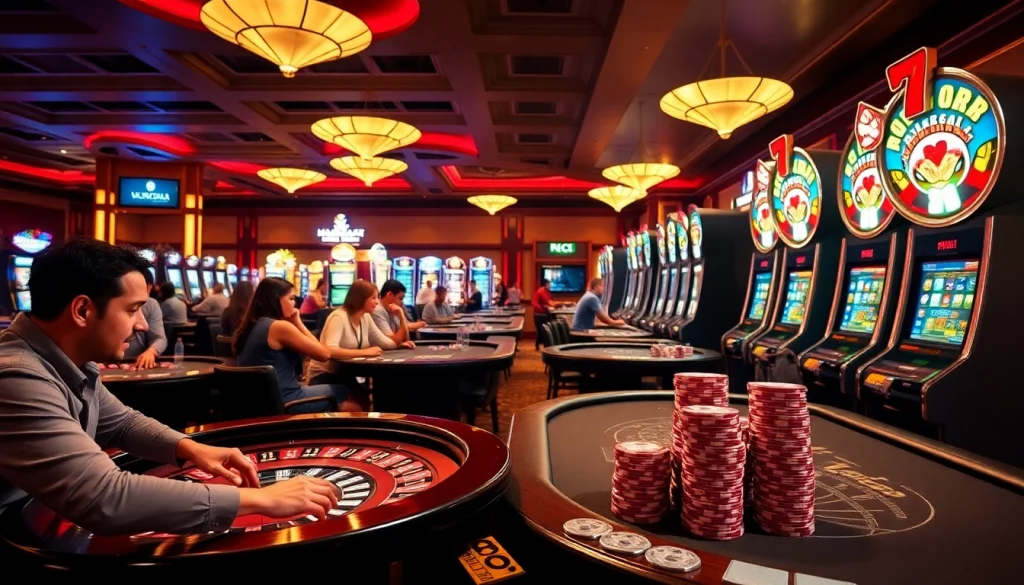 Casino excitement at KJC AC with players enjoying roulette and slot machines.