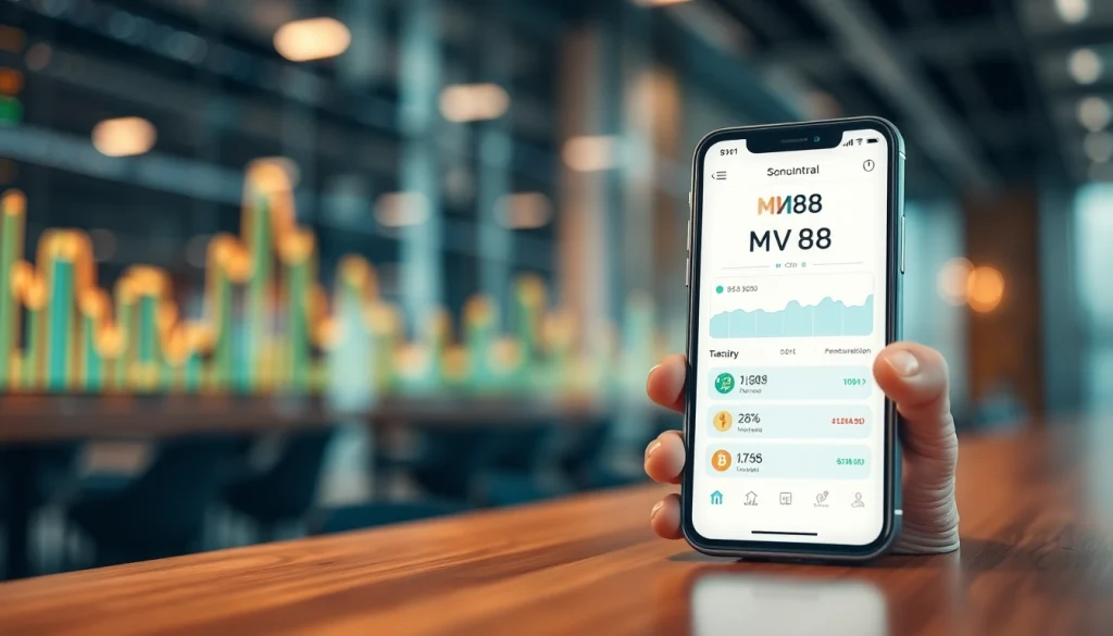 MV88 app interface on a smartphone showcasing secure digital transactions in a professional setting.