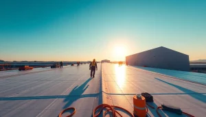 Skilled crew providing commercial roofing services on a large building at sunrise.