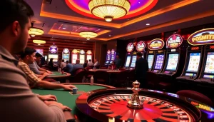 KJC AC casino game night with players at tables and slot machines.