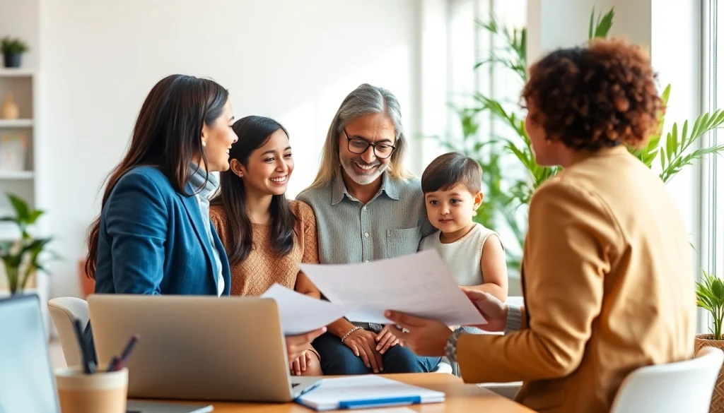 Engaged life insurance agent advising a family on policy options in a warm office.