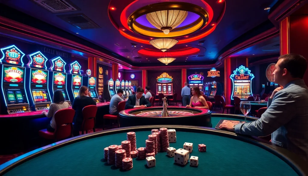 KJC AC casino environment featuring poker tables, slot machines, and a roulette wheel, capturing the thrill of gambling.