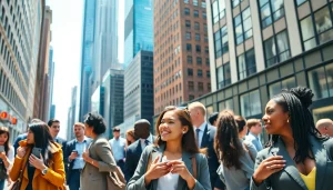 People networking in a dynamic New York setting for new york jobs.