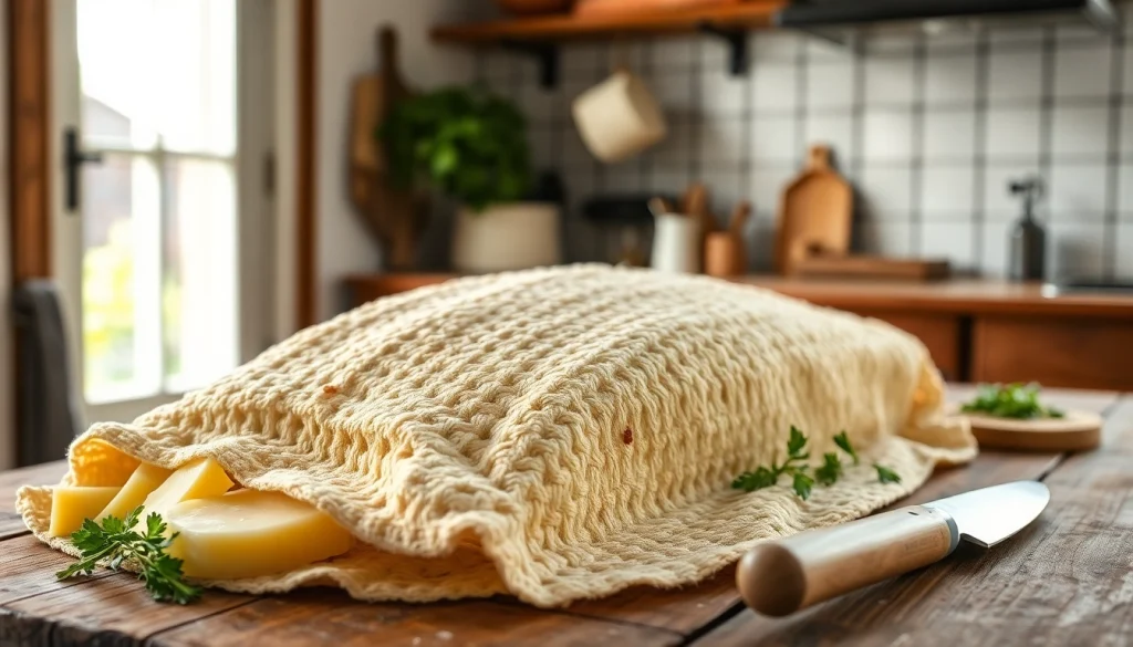 Kaasdoek met kaas en kruiden op een houten keukenblad.